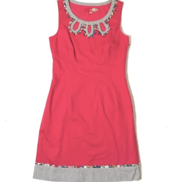 Boden Coral Pink Floral Dress Sz 2 Keyhole Striped - Picture 1 of 7